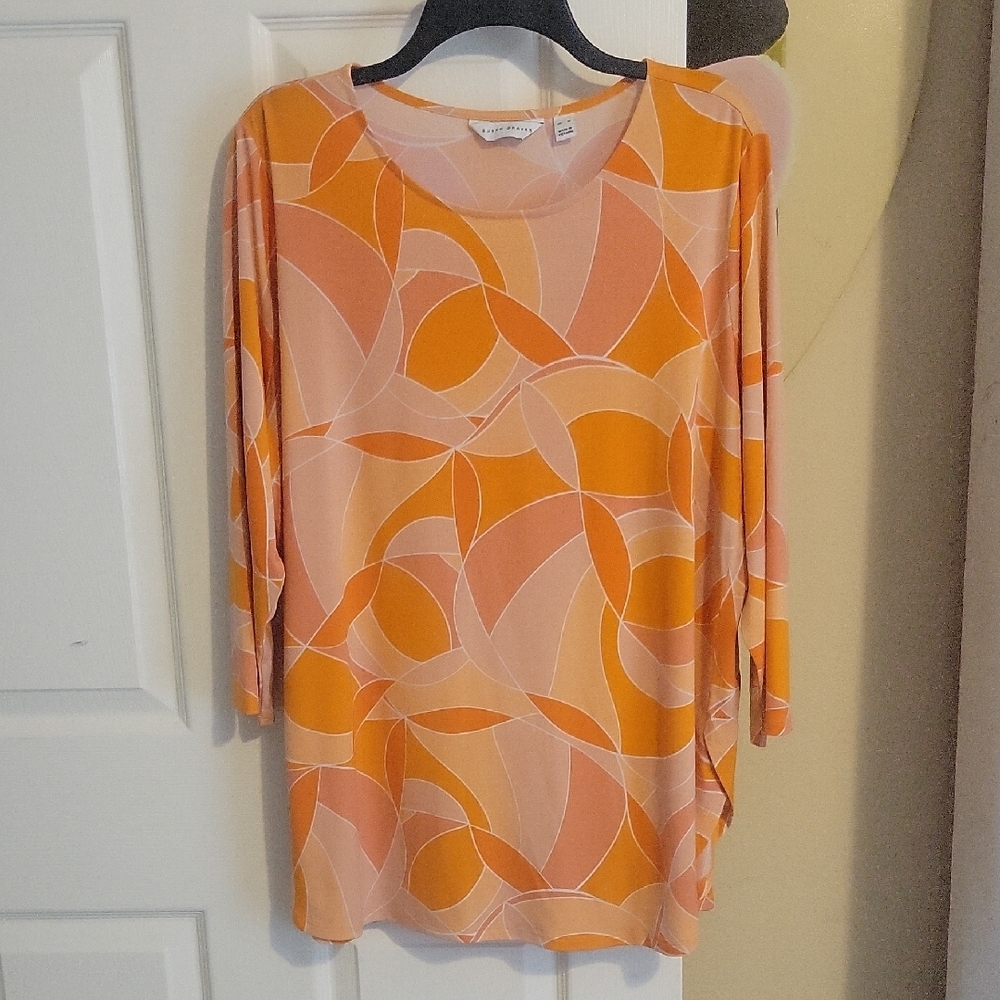 Susan Graver SzXL Long Sleeve Mod 70s vibe scoop neck tunic Top Orange and Pink